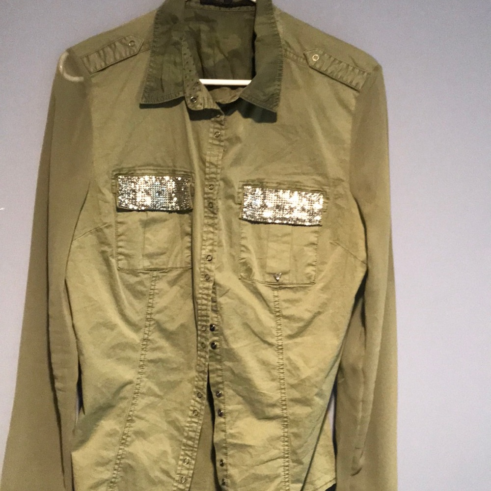 Guess sheer sleeve olive green blouse